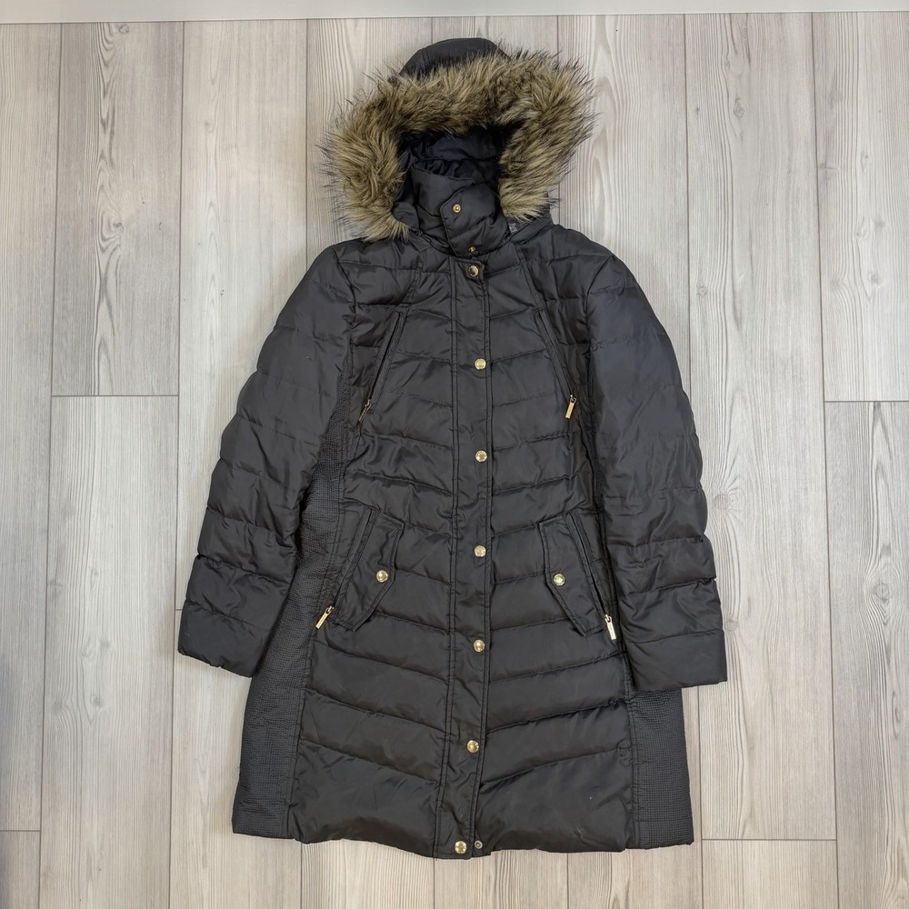 Michael Kors Down Puffer Jacket Parka Faux Fur Hood Black Women's Large Coat